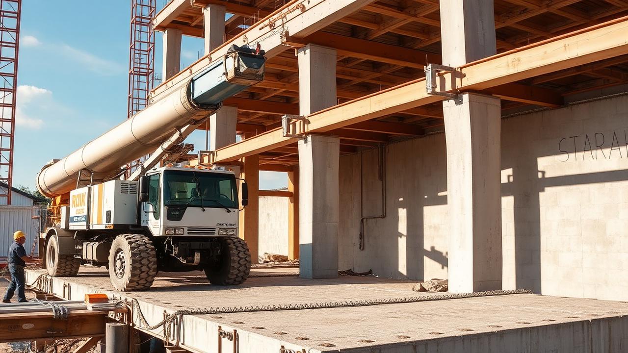 Proses pengecoran lantai menggunakan pompa beton long boom di proyek Kota Padang